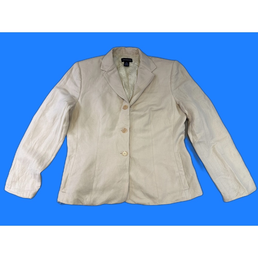 Ann Taylor Beige Linen Rayon Blazer Womens 12 Collared Long Sleeve Button Front